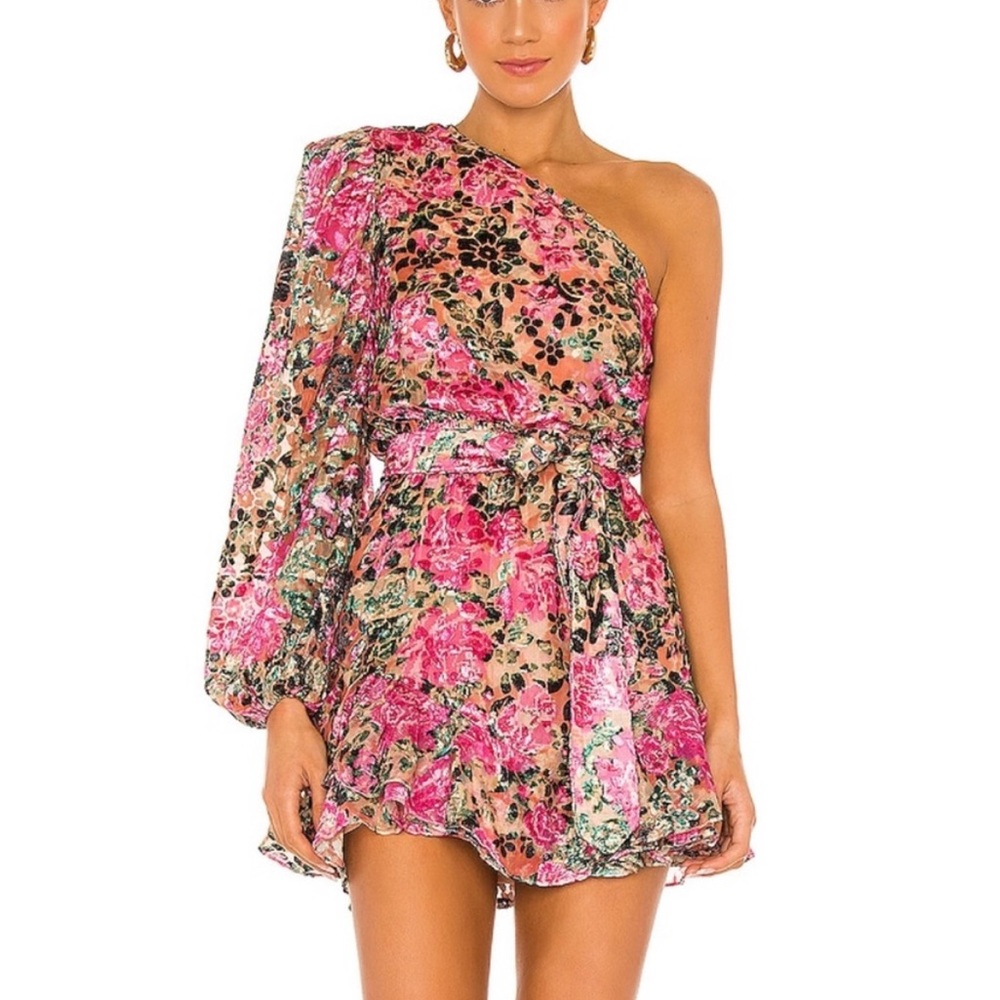 HEMANT & NANDITA Pink Floral One-Shoulder Dress